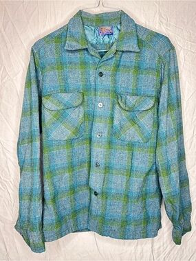 Vintage Pendleton Blue Green Plaid Virgin Wool Board Shirt USA Size M